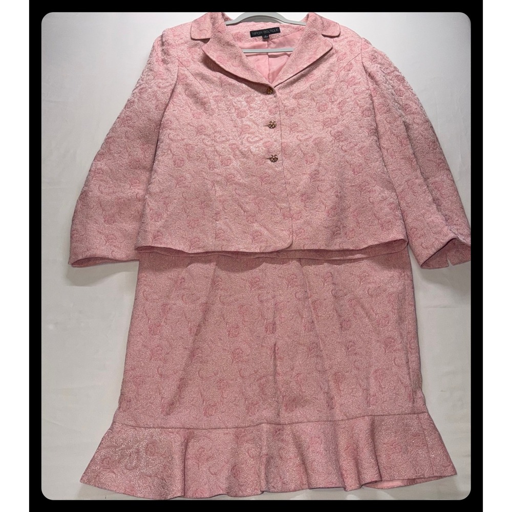 Nipon Boutique Skirt Suit Women 14 Pink Brocade Metallic Floral Formal Professio
